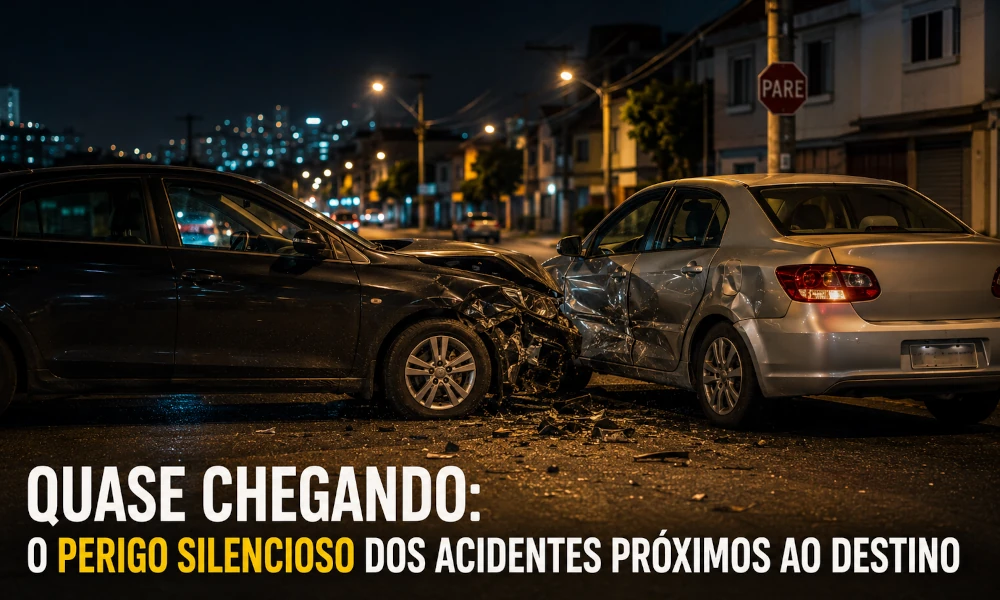 Imagem noturna de um acidente de trânsito entre dois carros em uma rua residencial. Na parte inferior, há o texto em destaque: "Quase chegando: O perigo silencioso dos acidentes próximos ao destino"