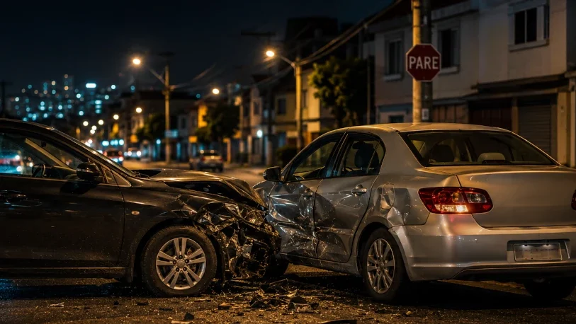 Imagem noturna de um acidente de trânsito entre dois carros em uma rua residencial. Na parte inferior, há o texto em destaque: "Quase chegando: O perigo silencioso dos acidentes próximos ao destino
