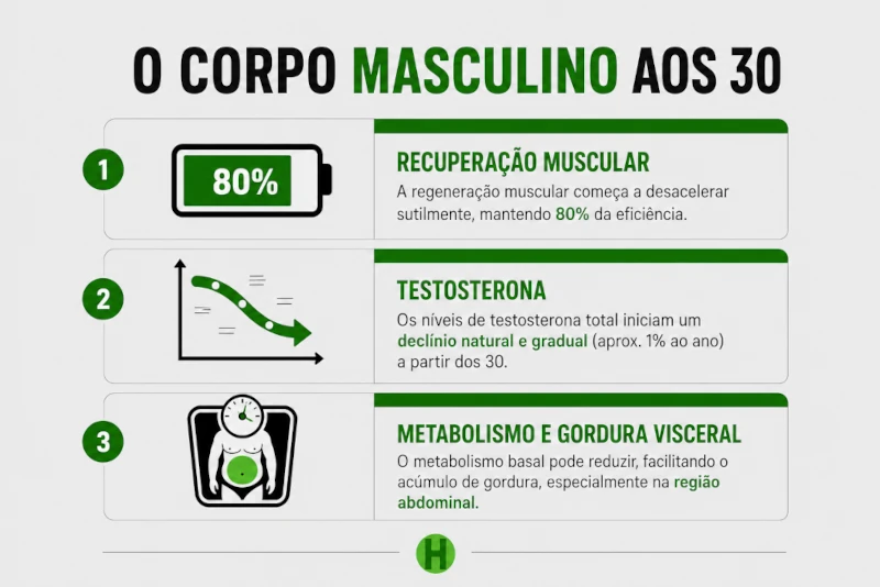 infografico com dados sobre a mudança corporal no homem depois dos 30 anos.
