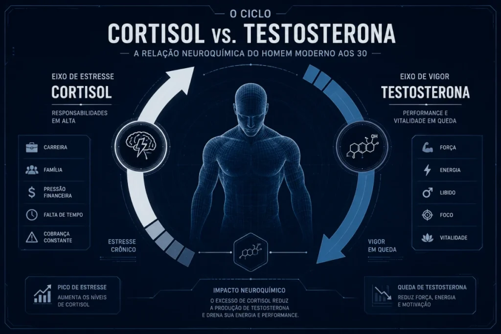 infográfico que mostra o cabo de força entre testosterona e cortisol.
