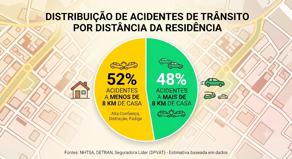 Gráfico de pizza com o título "Distribuição de acidentes de trânsito por distância da residência". Mostra que 52% dos acidentes ocorrem a menos de 8 km de casa e 48% a mais de 8 km