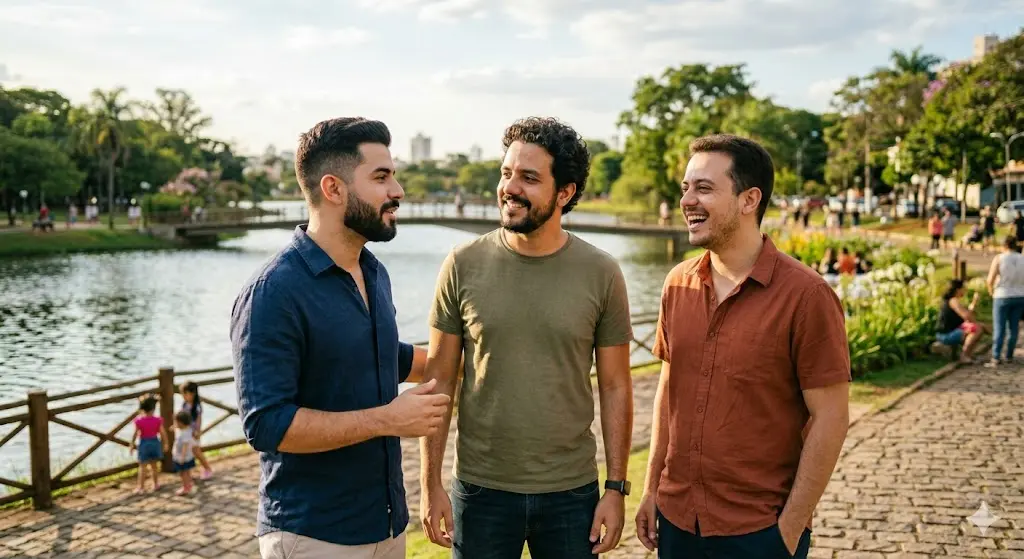 Três homens entre 30 e 35 anos conversando descontraidamente em um parque ensolarado, representando a amizade e a saúde masculina nesta faixa etária.