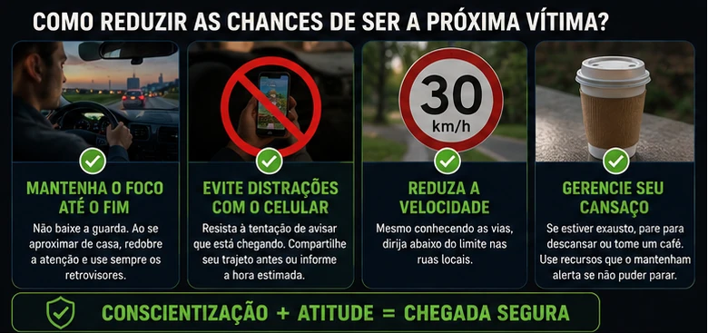 Infográfico com o título "Como reduzir as chances de ser a próxima vítima?". Apresenta quatro dicas com ícones visuais: Mantenha o foco até o fim, Evite distrações com o celular, Reduza a velocidade e Gerencie seu cansaço. Na base, a equação: Conscientização + Atitude = Chegada Segura