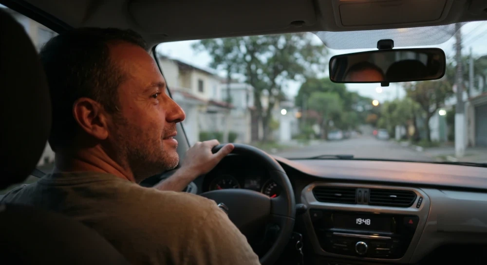 Homem na faixa dos 40 anos dirigindo um carro à noite em uma rua residencial. Ele está com uma das mãos no volante e apresenta uma expressão relaxada. O relógio do painel marca 19:48.