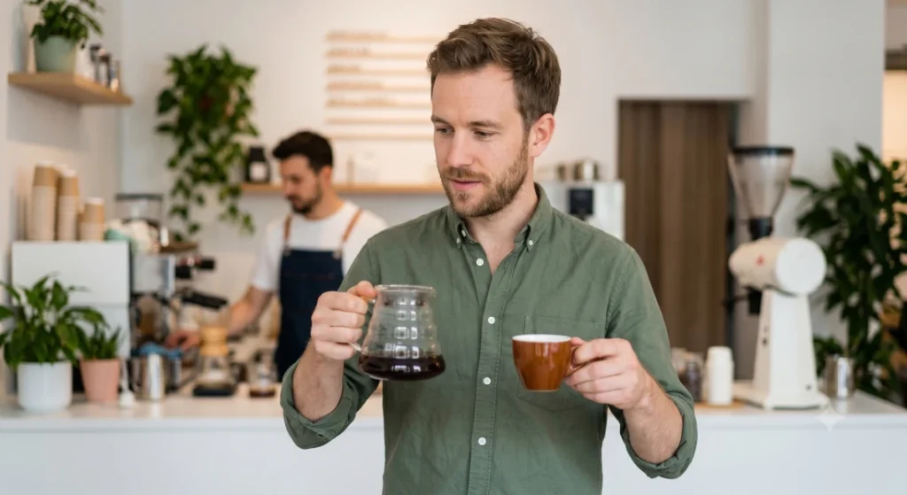 Homem de 30 anos, com barba curta, em pé em uma cafeteria de estilo industrial, segurando e analisando um filtrado V60 em uma mão e um espresso ceramic cup na outra, com expressão curiosa