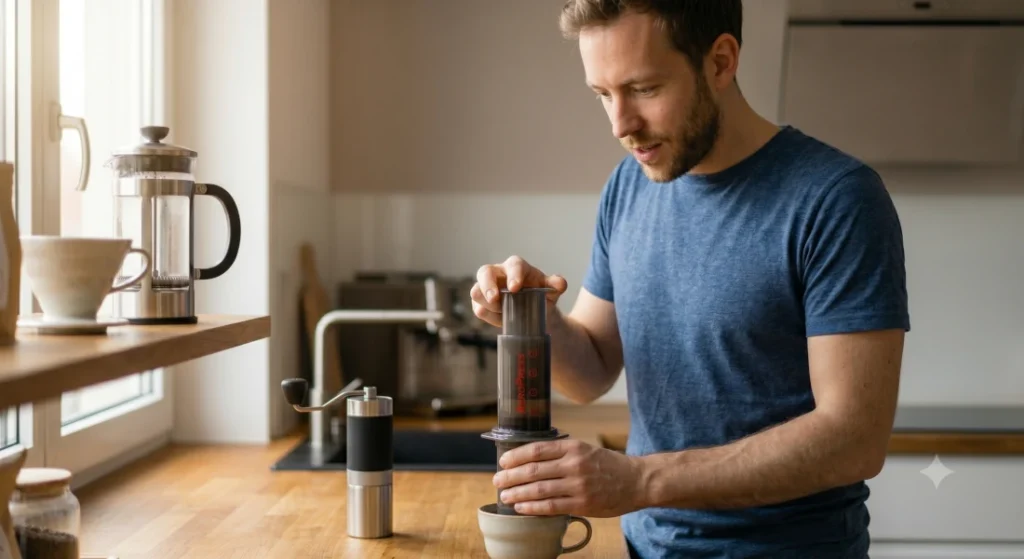 Ele segura uma Aeropress, prestes a iniciar o preparo sobre uma xícara cerâmica. Na bancada desfocada ao fundo, a prensa francesa e o coador de cerâmica V60 estão organizados, representando sua coleção.