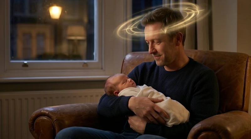 Pai na faixa dos 40 anos sorrindo de forma serena enquanto segura seu bebê recém-nascido no colo. Acima de sua cabeça, um efeito luminoso forma o símbolo de uma bússola.