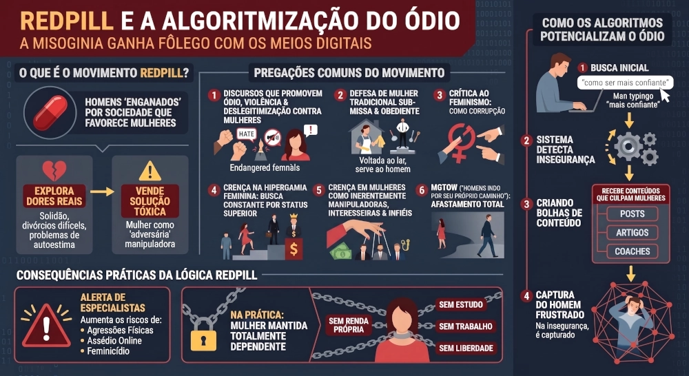Infográfico detalhando o movimento Redpill e como os algoritmos das redes sociais direcionam homens inseguros para o ódio contra mulheres.