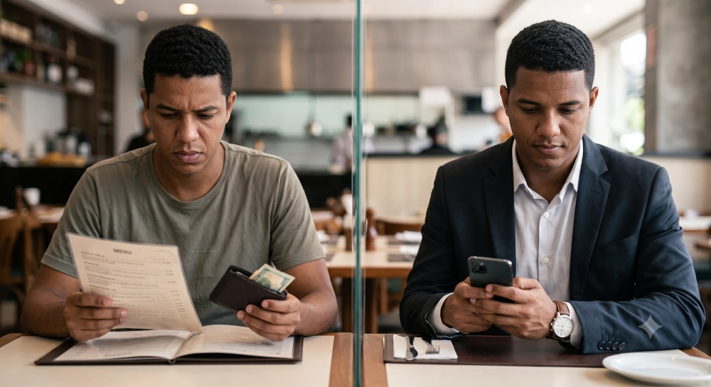 Dois homens adultos jantando. Um deles olha o cardápio com preocupação, enquanto o outro, bem vestido, mexe no celular. Uma leve divisória de vidro os separa simbolicamente.