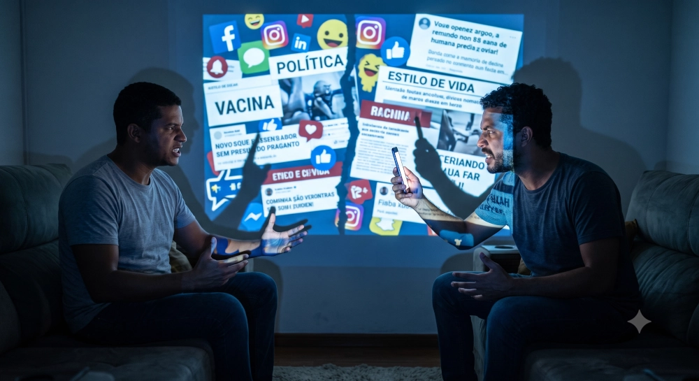 Dois homens discutindo sentados em lados opostos de um sofá escuro. Entre eles, há uma projeção de ícones de redes sociais e manchetes polêmicas gerando uma barreira visual.