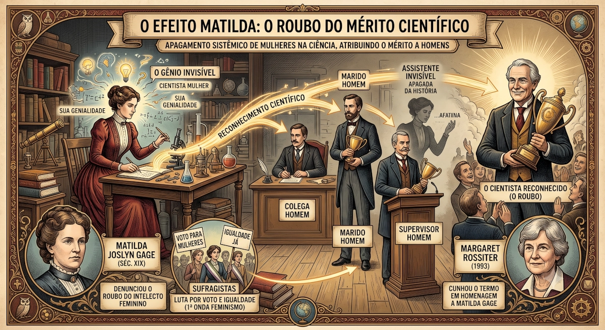 Infográfico explicando o Efeito Matilda, mostrando o fluxo onde a genialidade de uma cientista mulher é roubada e o prêmio é entregue a um homem.