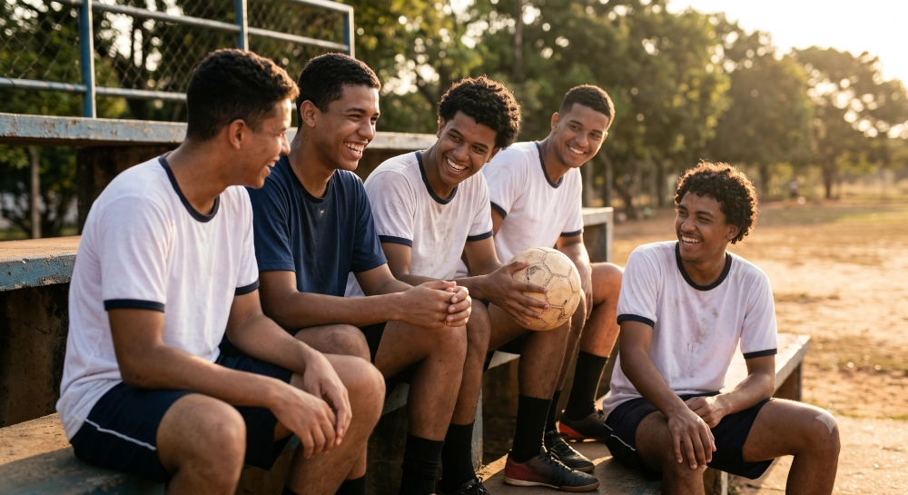 Grupo de jovens amigos rindo e conversando descontraidamente após uma partida de futebol, sentados em uma arquibancada sob a luz do fim de tarde.