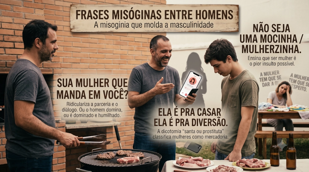mostrando três homens rindo juntos em um churrasco, com textos destacando o viés oculto por trás de frases como "sua mulher que manda em você?" e "não seja uma mulherzinha".