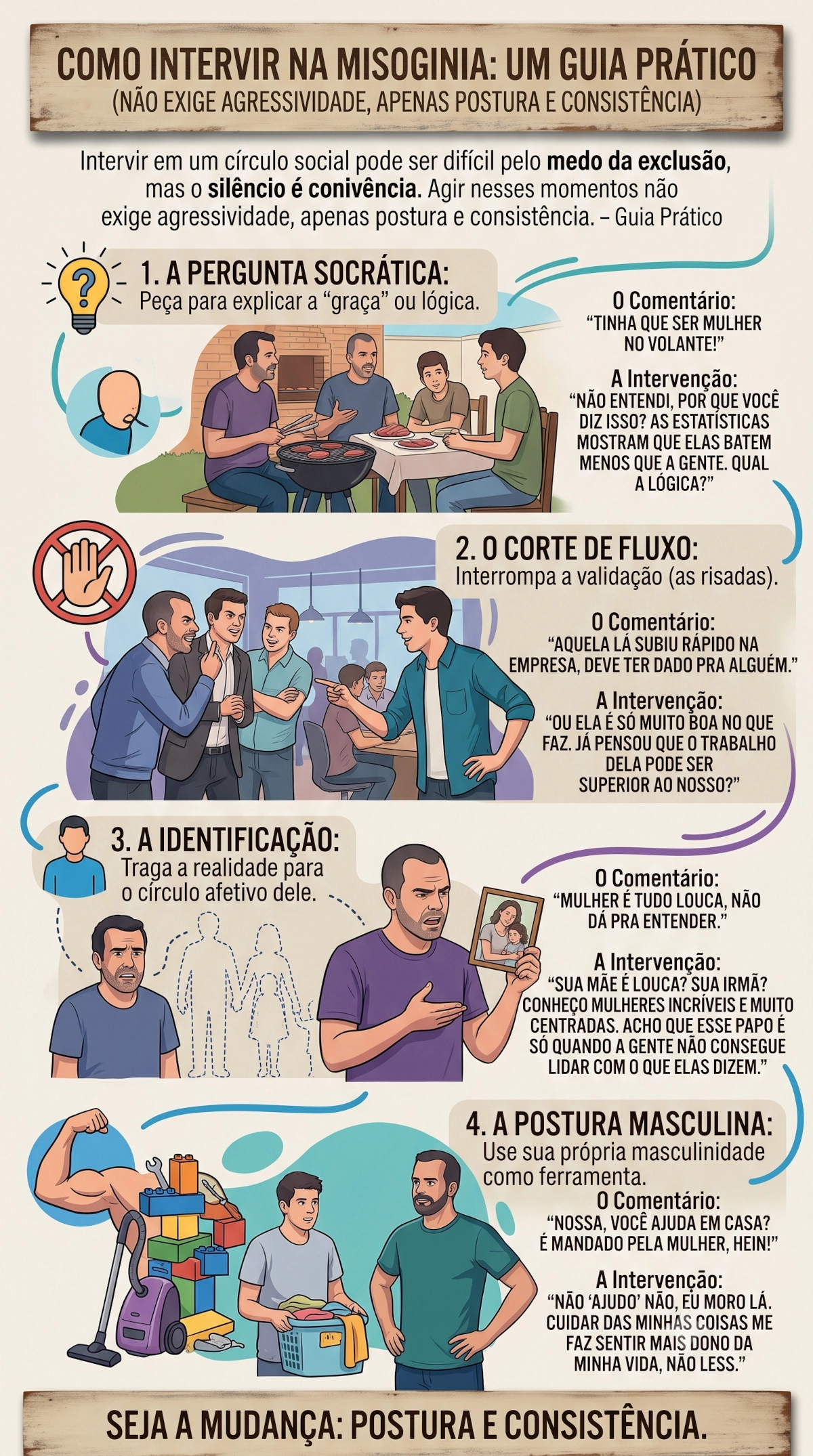 Infográfico com quatro passos práticos para intervir na misoginia: 1. A pergunta socrática, 2. O corte de fluxo, 3. A identificação, 4. A postura masculina. Inclui exemplos de diálogos em situações comuns.