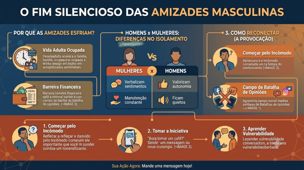 Infográfico dividido em três seções: "Por que as amizades esfriam?", destacando rotina, finanças e opiniões; "Homens x Mulheres", contrastando o isolamento masculino com a manutenção de vínculos feminina; e "Como Reconectar", com três passos práticos de ação.