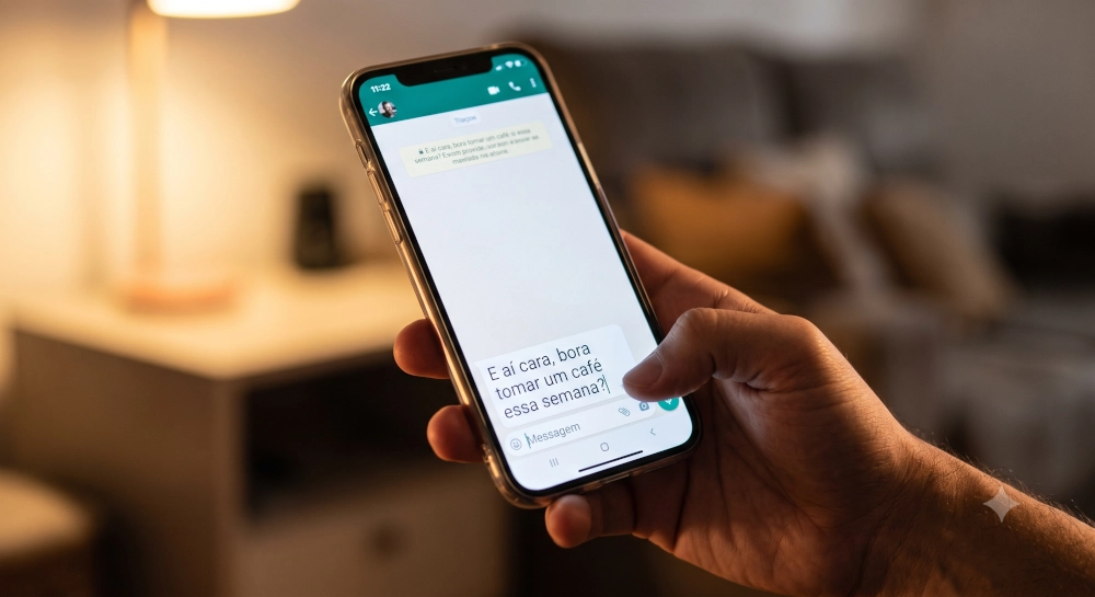 Close-up da mão de um homem segurando um smartphone, digitando a mensagem "E aí cara, bora tomar um café essa semana?" em um ambiente com luz acolhedora.