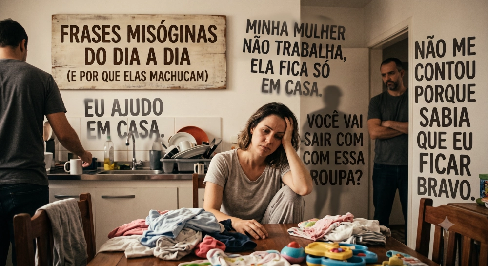 Mulher com expressão de exaustão sentada à mesa da cozinha com roupas para dobrar. Ao redor dela, flutuam frases machistas do cotidiano, enquanto sombras de homens representam atitudes de controle e distanciamento.
