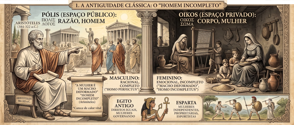 Infográfico sobre a misoginia na Antiguidade Clássica, mostrando Aristóteles e a divisão entre o espaço público masculino e o espaço privado feminino.