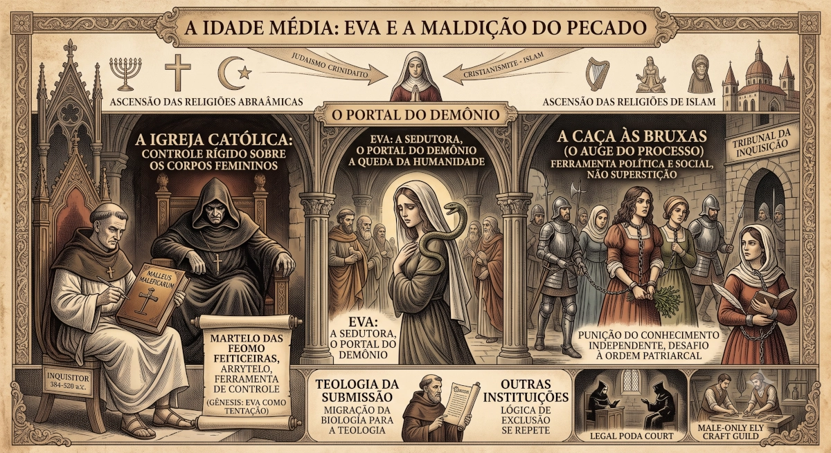 Ilustração da Idade Média mostrando a visão de Eva como sedutora, líderes católicos da Inquisição e mulheres sendo acorrentadas na caça às bruxas.