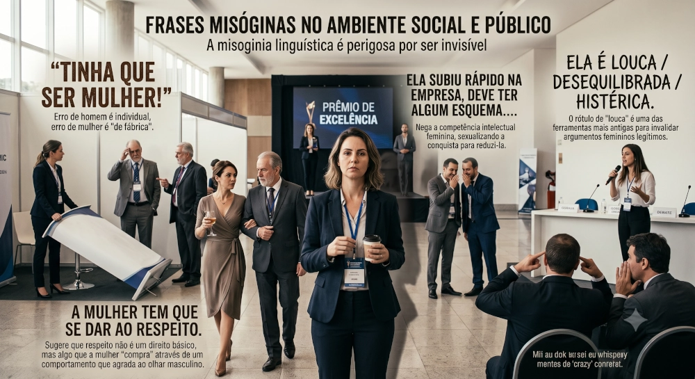 Infográfico em um ambiente corporativo mostrando uma mulher séria no centro com um crachá, enquanto homens ao fundo cochicham e a observam. Ao redor, textos destacam frases misóginas como "tinha que ser mulher" e "ela é louca".