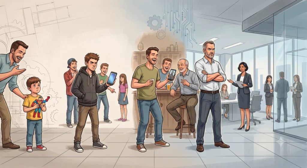 Ilustração mostrando a evolução do comportamento de homens em várias idades, desde um menino até um executivo sério no escritório.