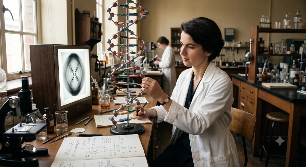 Cientista mulher examinando um modelo tridimensional de DNA e imagens de difração de raio-X em um laboratório histórico.