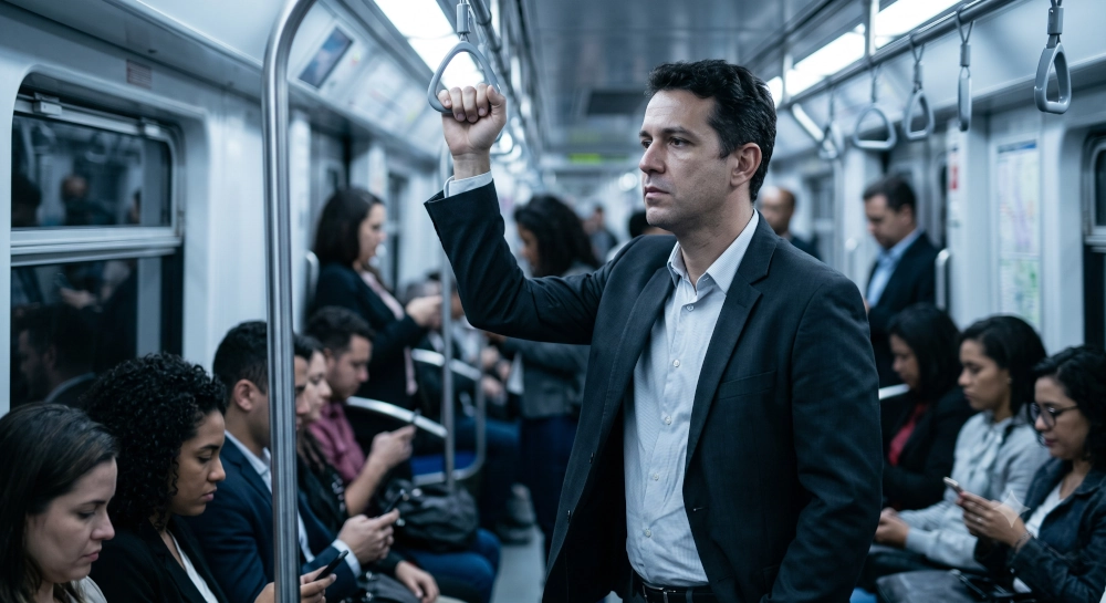 Homem adulto com expressão distante e cansada, em pé no meio de um vagão de trem lotado de passageiros.
