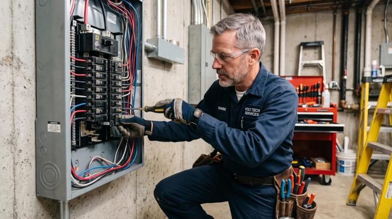 Profissional técnico experiente de uniforme ajustando com confiança um painel elétrico, demonstrando grande habilidade prática.