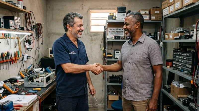 Dois homens na faixa dos 50 anos sorrindo e apertando as mãos dentro de uma pequena oficina técnica; um deles usa uniforme de trabalho e o outro está vestido como cliente.