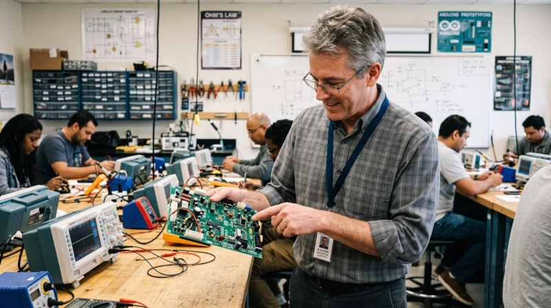 Homem na faixa dos 50 anos engajado em uma sala de aula técnica, segurando uma placa de circuito eletrônico enquanto estuda com foco.
