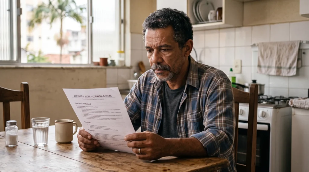 Homem de 52 anos com expressão reflexiva e preocupada, sentado em uma mesa simples de cozinha enquanto analisa um currículo impresso