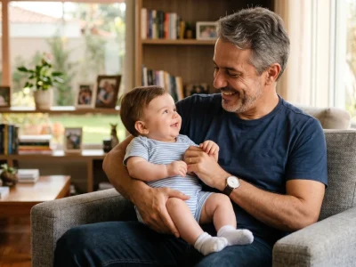 maturidade-emocional-pai-com-recem-nascido1 Homem na casa dos 40 anos com bebê no colo